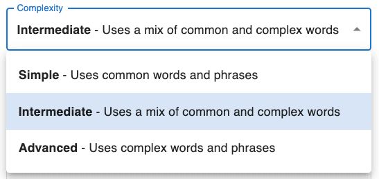 Complexity level selection interface