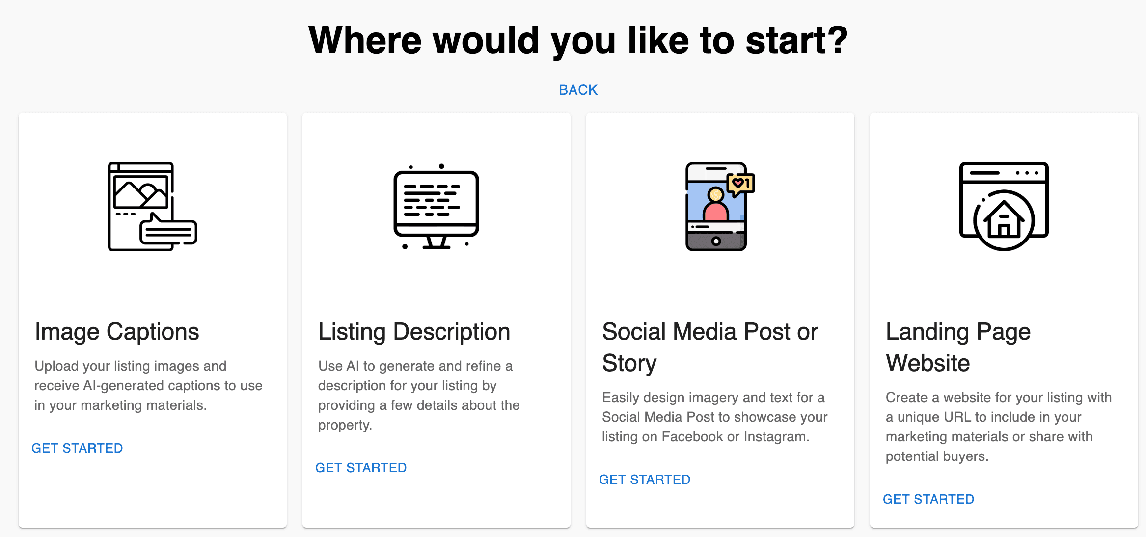 Screen asking user where they want to start