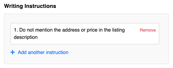 Writing instructions input area with example instructions