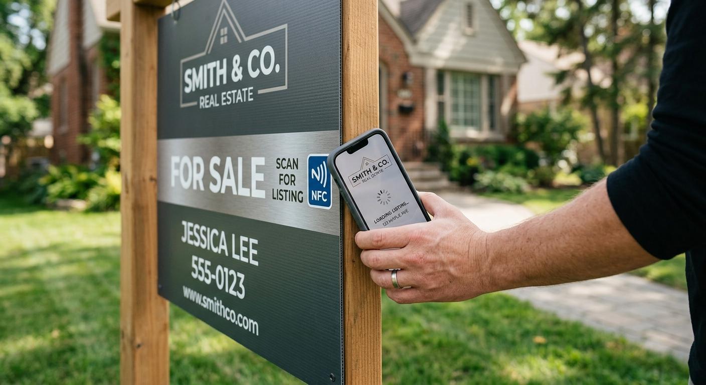 Person tapping their phone on a real estate sign NFC sticker