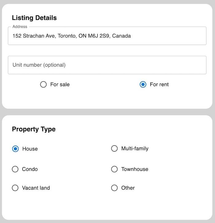 Showing the user entering basic property details