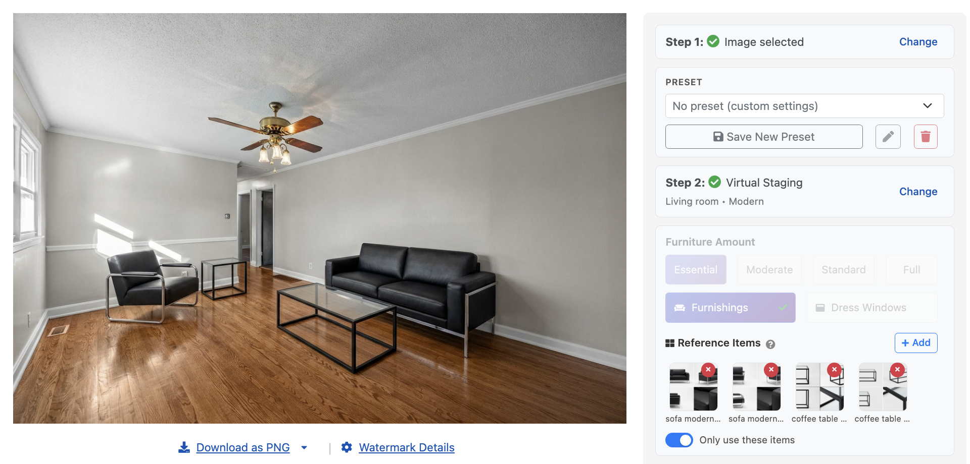 Full view of the staged room with the selected reference furniture placed by AI