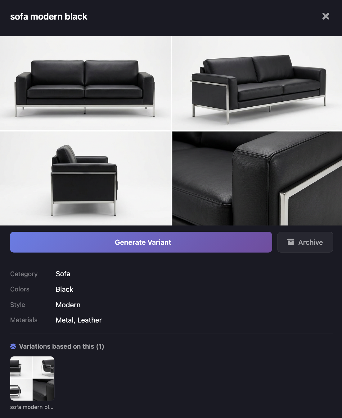 AI-generated modern black leather sofa