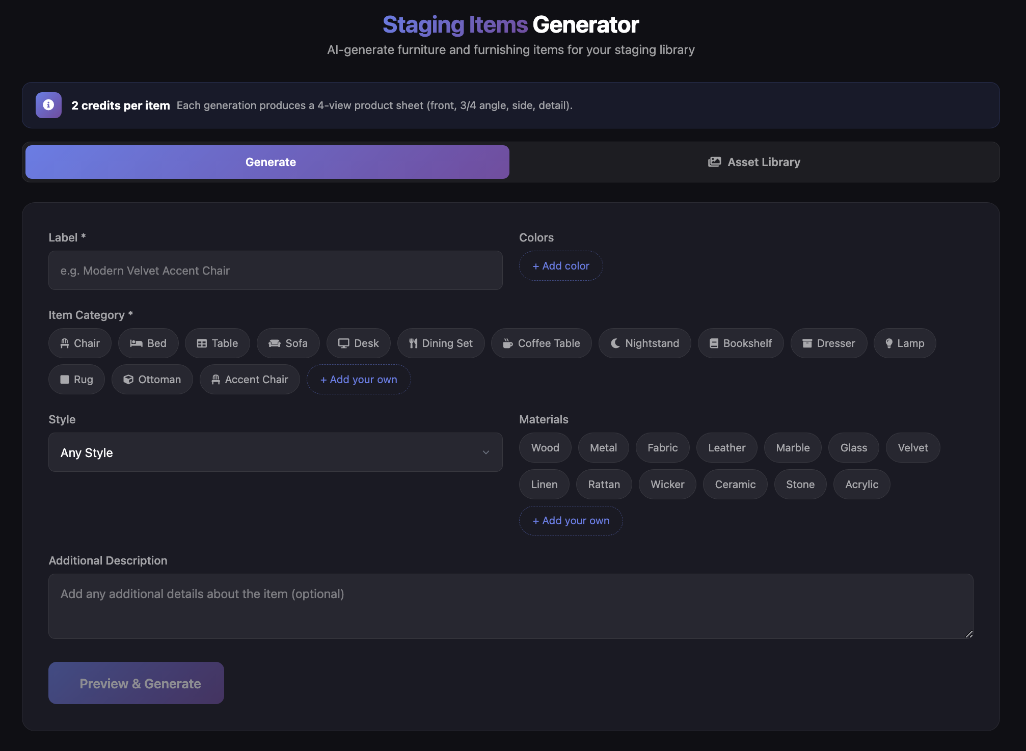 Staging Items Generator - choose category, style, materials and colors